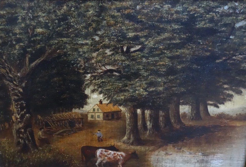 Original Antique Naive Oil Painting on Board Farm Scene Landscape with ...