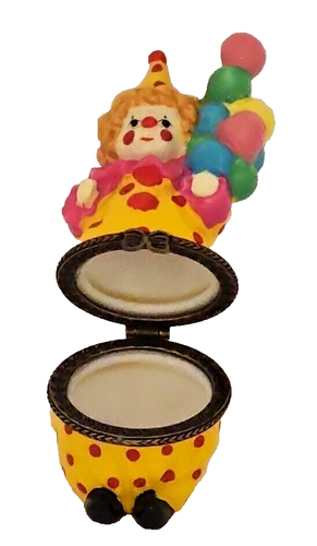 Vtg. Clown w/ Balloons 3.5" Trinket Box Hinged Flip Open Yellow w Red Polka Dots - Picture 8 of 18
