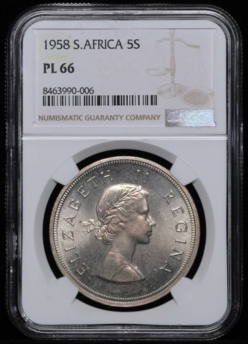 South Africa  Elizabeth II Silver 5 Shillings 1958 NGC PL 66 Prooflike RARE