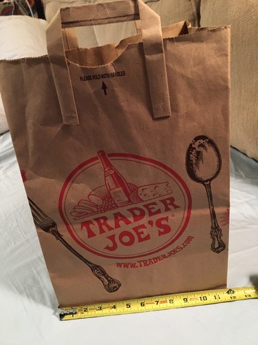 TRADER JOES brown paper shopping bag, 12 x 7” and 17” tall, 2-handle tote sack - Picture 5 of 6