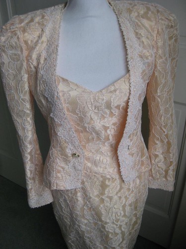 VTG 80s Scott McClintock Peach Strapless Dress & Jacket Lace Overlay USA Size 6 - Picture 3 of 18