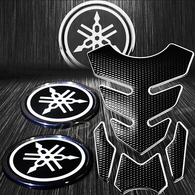 4PC Chrome+Black Fuel Gas Tank Pad+3D 2.5'' Yamaha Reflective Logo Emblem Sticker