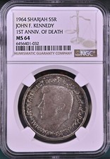 SHARJAH , SILVER 5 RUPEES 1964  KENNEDY - NGC MS 64 , RAREP