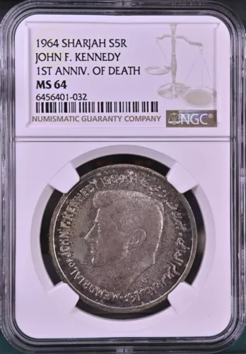 SHARJAH , SILVER 5 RUPEES 1964  KENNEDY - NGC MS 64 , RAREP