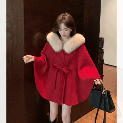 Womens Real Fox Fur Collar Wool Cape Coat Overcoat Hooded Cloak