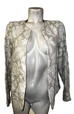 New TAHARI Jacket Women's Sz S Beige White Floral Leaf Linen Cotton Open Blazer
