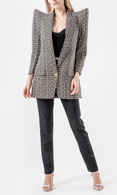 BALMAIN Pagoda Peak Shoulder Wool Hopsack Monogram Blazer Jacket