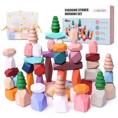 48 PCS Wooden Stacking Rocks Stones Building Blocks, Montessori Toys for 3+ Y...