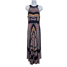 Eliza J Maxi Dress Women 8 Navy Blue Geometric Scarf Print Halter Tie Back
