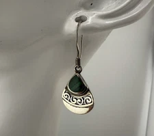 Sterling Silver 925 Signed BOMA Malachite Dangle Hook Earrings Boho Vintage