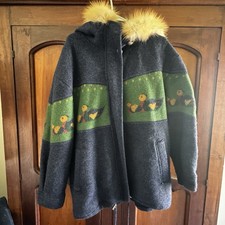 Vintage Norwegian Hand Knit Wool Cardigan Navy Coat Jacket Fur Hood Nordic 12