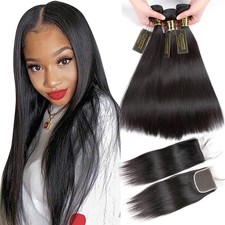 QTHAIR 2 Bundles Brazilian Straight Virgin Hair 12 14 10inch Lace Closure