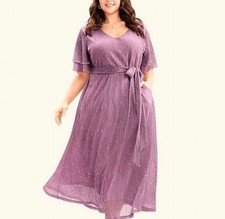 Bloomxhic 1X 14/16 Plus Sparkly Ruffle Glitter Stretchy Pocket Dress New BC101