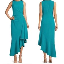 Eliza J Asymmetrical Sleeveless Midi Ruched Blue Cocktail Dress 