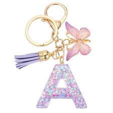 Initial Letter Keychains, Resin Cute Pendant with Butterfly  Tassel, Purple-A