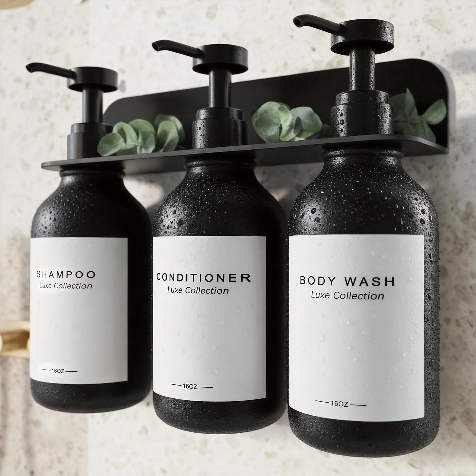 Refillable Shampoo and Conditioner Dispenser Set of 3 - Wall Mounted No Drill...