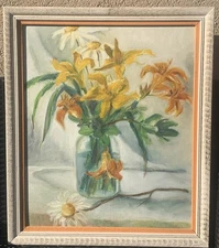 VTG Original Signed DRAKE Lillies Daisies Still Life Framed Canvas 23”W 27”T MCM