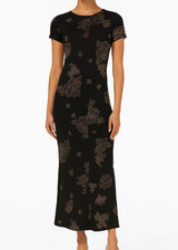 Vtg 90s Halla USA Black S Slinky Floral Dress Whimsigoth Dark Fairycore Gothic