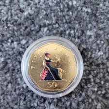 1998 QE11 FIFTY PENCE Gold Plated and Coloured Collectable Coin in Sealed Case