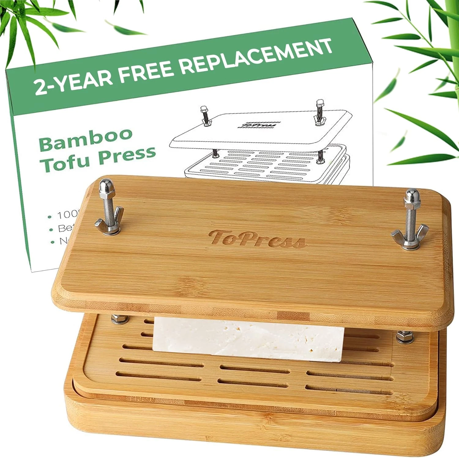 Bamboo Tofu Press, Built in Tofu Strainer and Drip Tray with Cheesecloth- Easily