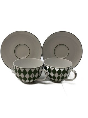 PRADA Rautenmuster Tasse & Untertasse Set Grün 2tlg Luxus Geschirr Gebraucht