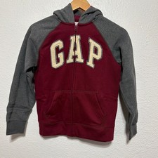 Gap Kids Full Zip Hoodie Burgundy Gray Raglan Logo Fleece Sweatshirt Size L 10