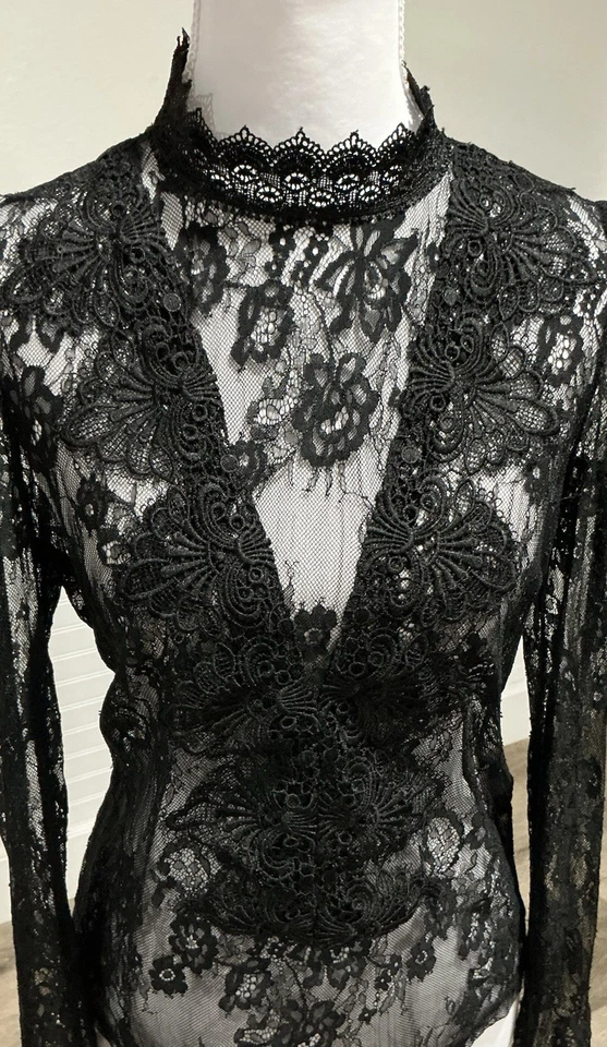 Victorian Vamp Sheer Lace High Neck Blouse |1800s Dark Goddess Gothic Top Sz S/M - Image 3 of 4