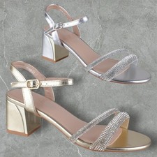 LADIES WOMENS MID LOW BLOCK HEEL ANKLE STRAP DIAMANTE STRAPPY SANDALS SHOE SIZE