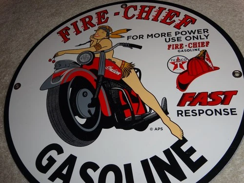 VINTAGE TEXACO FIRE CHIEF GASOLINE+ INDIAN MOTORCYCLE WOMAN PORCELAIN METAL SIGN