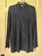 Chicos Travelers Blue Acetate Full Zip Jacket Tunic Size 2 With Black Design