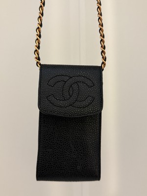 CHANEL vintage Mini Bag Black Caviar Phone Holder Crossbody Yellow
