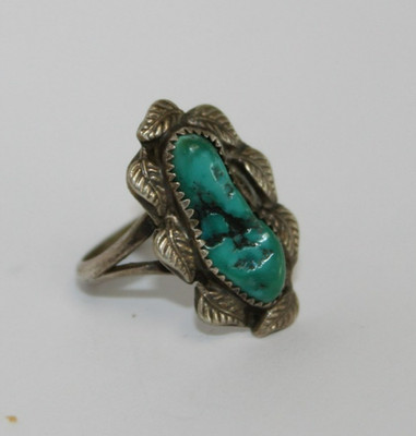 Vtg. Little Horn Navajo Sterling Silver Turquoise Leaf Ring Sz: 7 [036WEA]