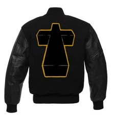 JUSTICE CROSS LETTERMAN VARSITY JACKET ALL BLACK WITH GENUINE LEATHER SLEEVES