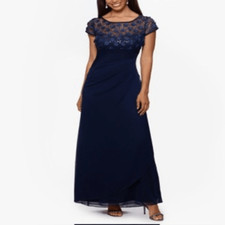 XSCAPE Womens Navy Zippered Pleated Draped Skirt Lined Short Sleeve Size 12P