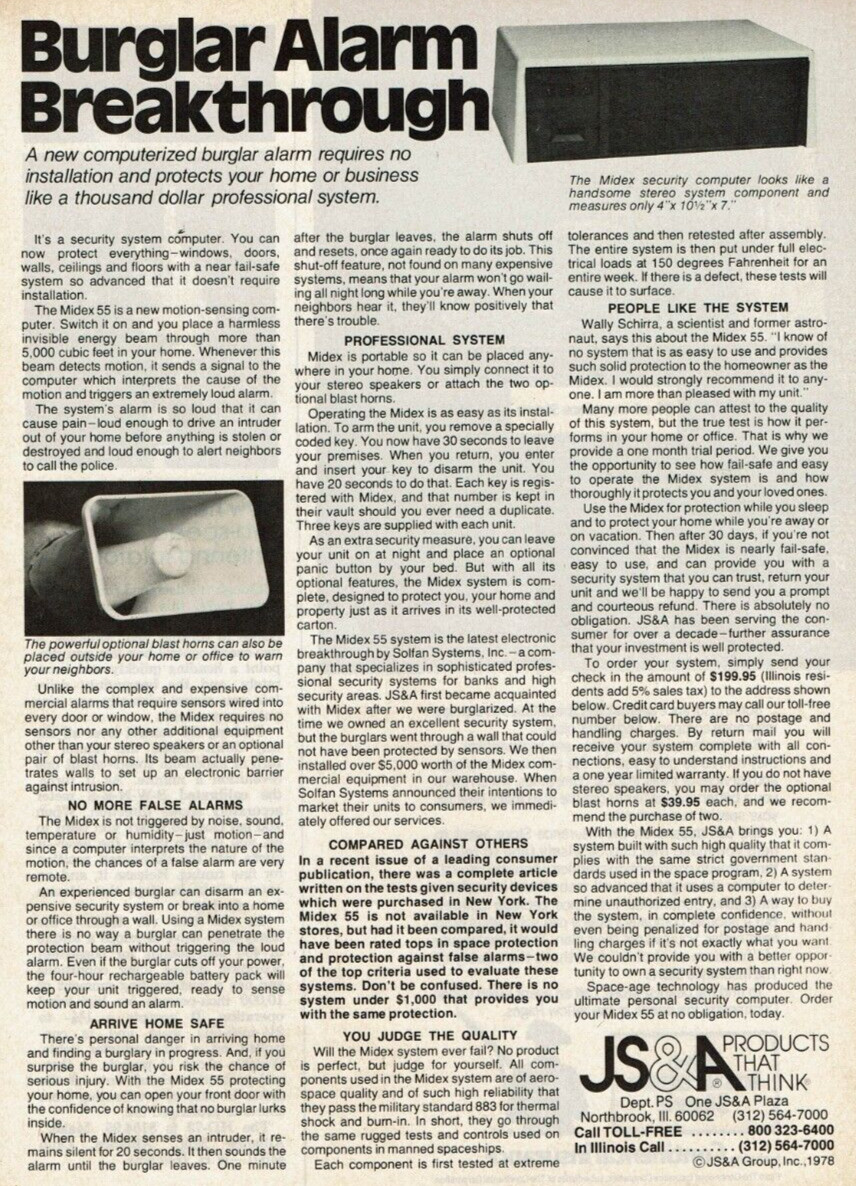1979 Vintage Print Ad JS&A Burglar Alarm Breakthrough Midex Security Computer