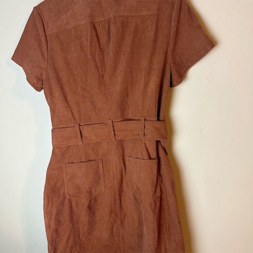 Women's Brown Corduroy Mini Dress Western Style Short Sleeve Belted Pockets S - Picture 7 of 10