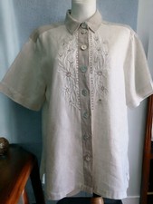 VINTAGE 80S PERRY Landhaus Shirt Blouse Women 100% Linen Embroidered