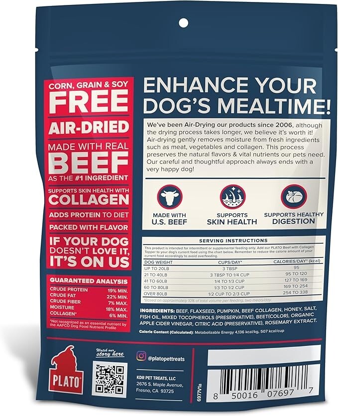 PLATO Pet Treats Air Dried Dog Food Topper, Beef & Collagen, GrainFree