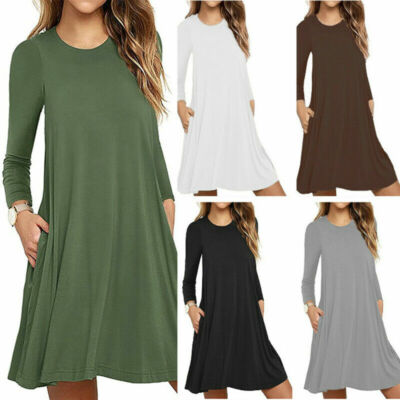 Womens Autumn Long Sleeve Top Solid Mini Dress T Shirt Dress Casual A Line  Tunic | eBay