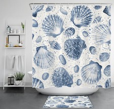 Beach Ocean Teal Blue Coastal Seashell Shower Curtain Set for Bathroom Decor