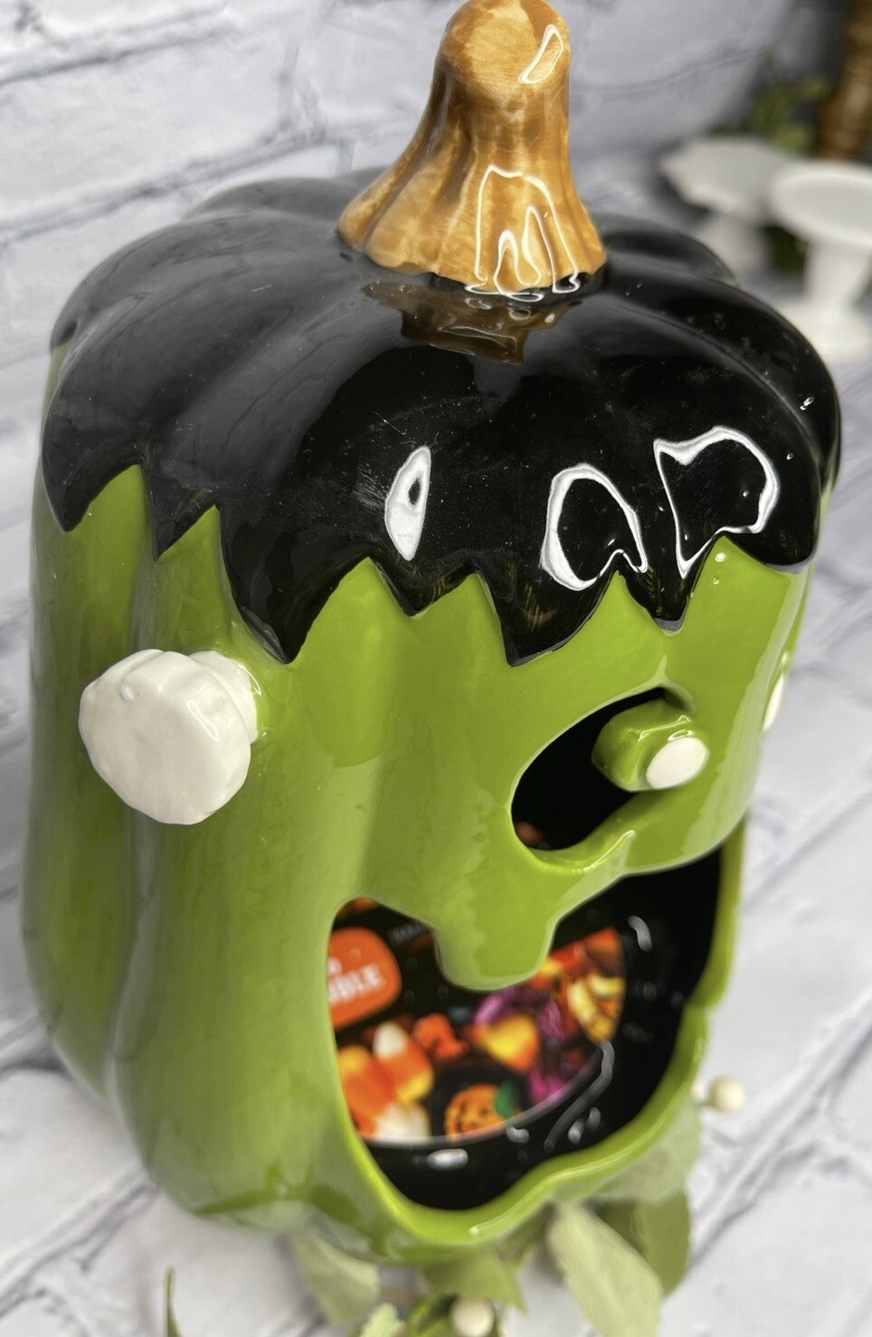 Frankenstein Halloween Candy Door Greeter Dish Trick Or Treat Open