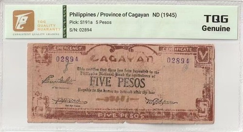 1945 Philippines 5 Pesos Pick#S191a TQG Genuine
