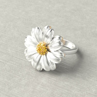 Beaded Daisy Silver Ring Elegant Gems Stones Statement Hippie Floral Accessory 