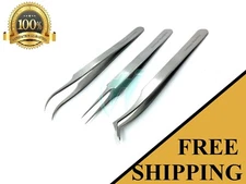 3 Pcs Eyelash Extension Tweezers Straight & Curved Stainless Steel Set