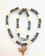 Fossil Shark Tooth Pendant Necklace with Foam Bead .75 17.5 in