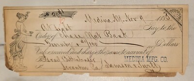 1882 Bank Check New York Medina Manufacturing Samson Swett Tall Ship