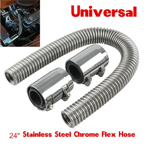 Chrome 24" Stainless Steel Radiator Flexible Coolant Water Hose Kit With Caps - Picture 7 of 8