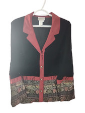 Coldwater Creek Womens Button Blazer Jacket Size M Black Velvet Red Tapestry