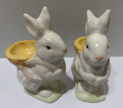 Vintage BRN Easter Bunny Rabbit Porcelain Egg Holder Figurines 5-1/4  Set Of 2