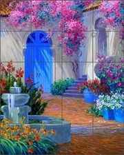 Courtyard Tile Backsplash Senkarik Ceramic Floral Fountain Art Mural MSA083